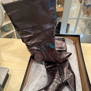 INC International Concepts Shiny Dark Brown Knee-High Pointed Toe Heeled Boots